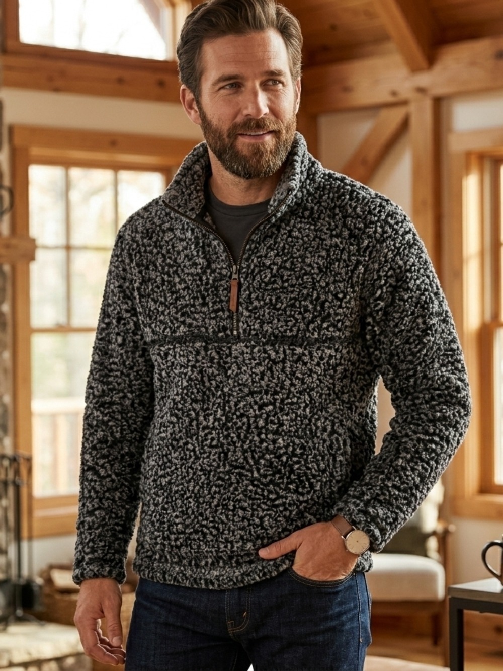 Time and Tru Men's Black and Gray Sherpa Half-Zip Pullover